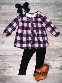 Sydney So Sweet 2 Piece Pants Outfits Pink & Black Buffalo Plaid Button Up Girls Leggings Outfit