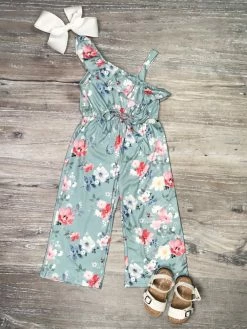 Sydney So Sweet New Arrivals Pink & Blue Floral Rose Ruffle One Shoulder Girls Jumpsuit