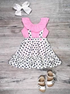 Sydney So Sweet Pink & Navy Polka Dot Flutter Girls Suspender Set Dresses & Skirt Sets