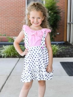 Sydney So Sweet Pink & Navy Polka Dot Flutter Girls Suspender Set Dresses & Skirt Sets