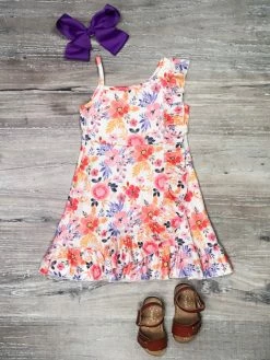 Sydney So Sweet Pink & Purple Floral Bouquet Ruffle One Shoulder Girls Dress