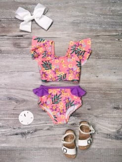 Sydney So Sweet Pink & Purple Tropical Vacation High Waisted Ruffle Girls Swimsuit Bikini