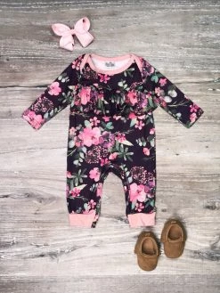 Sydney So Sweet Pink & Purple Watercolor Floral Eucalyptus Girls Baby Romper Baby Boutique