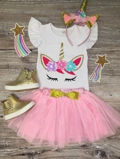 Sydney So Sweet Pink And Gold Unicorn Costume, Girls Tutu Skirt & Top Set Costumes For Kids