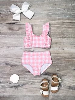 Sydney So Sweet Pink & White Daisy Gingham High Waisted Ruffle Girls Swimsuit Bikini Best Sellers