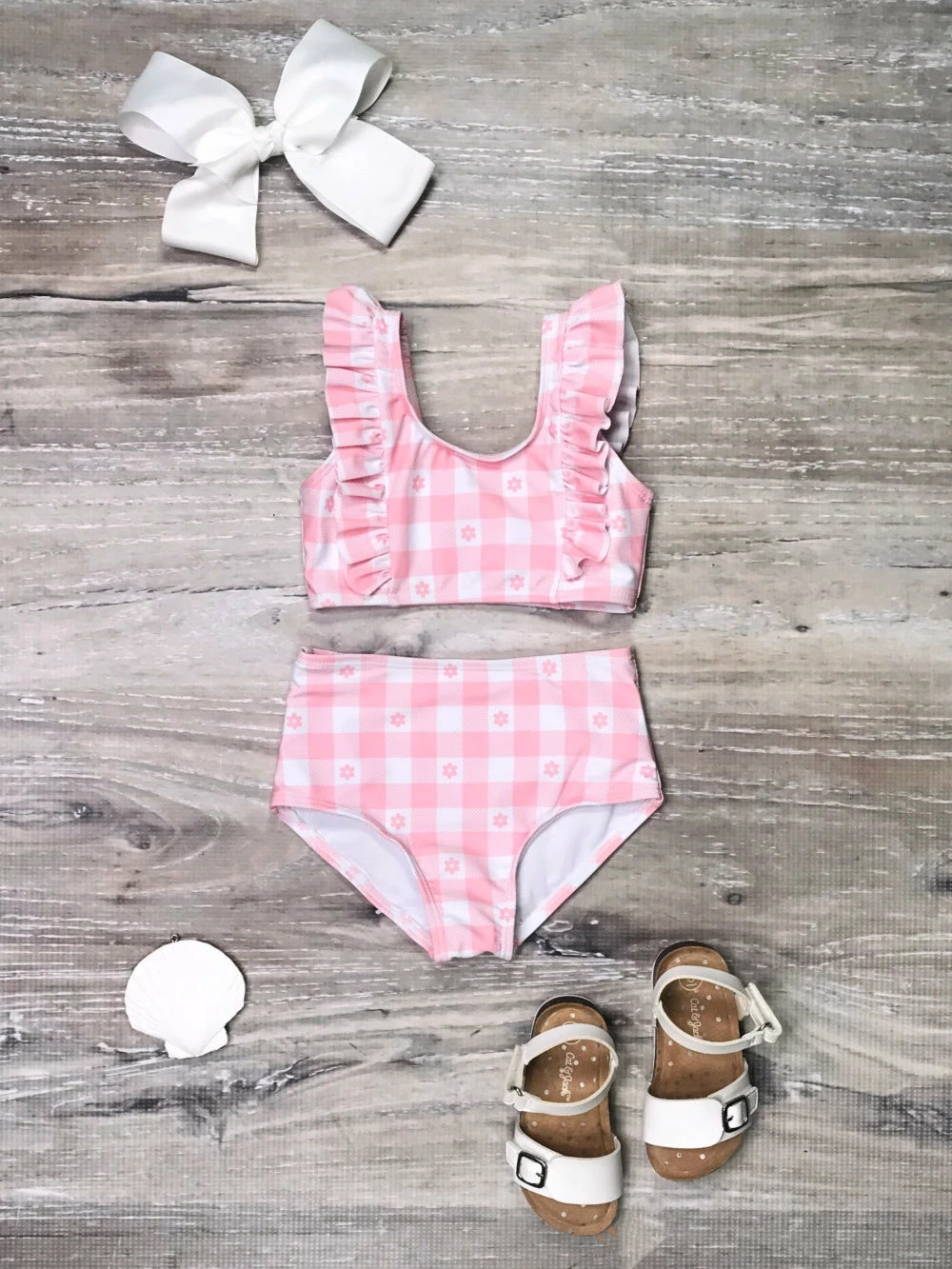 Sydney So Sweet Pink & White Daisy Gingham High Waisted Ruffle Girls Swimsuit Bikini Best Sellers 2 Sydney So Sweet Pink & White Daisy Gingham High Waisted Ruffle Girls Swimsuit Bikini Best Sellers
