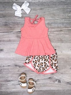 Sydney So Sweet Pinky Peach Leopard Peplum Tank Girls Shorts Outfit