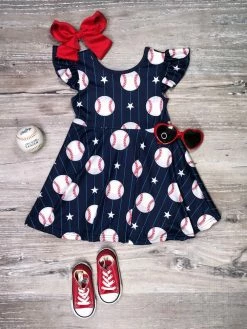 Sydney So Sweet Play Ball Navy Baseball Flutter Sleeve Girls Summer Dress