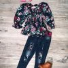 Sydney So Sweet Plum Navy Floral Smocked Cinch Top Girls Patch Denim Jeans Outfit