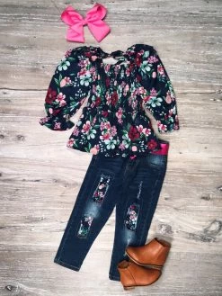 Sydney So Sweet Plum Navy Floral Smocked Cinch Top Girls Patch Denim Jeans Outfit