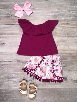 Sydney So Sweet Plum Poppy Mouse Head Pom Pom Ruffle Girls Shorts Outfit New Arrivals