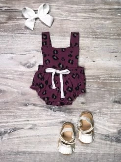 Sydney So Sweet Plum Purple Animal Print Ruffle Baby Girls Bubble Romper New Arrivals