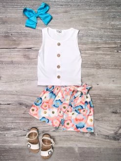 Sydney So Sweet Posie Perfection Pink & Blue Floral Girls Shorts Outfit
