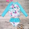Sydney So Sweet Pretty In Peonies Blue Ruffle Long Sleeve Girls Swimsuit