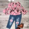 Sydney So Sweet Pretty Pink Floral Smocked Bell Sleeve Denim Jeans Girls Outfit