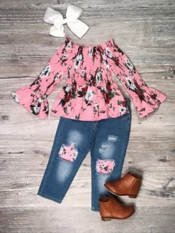 Sydney So Sweet Pretty Pink Floral Smocked Bell Sleeve Denim Jeans Girls Outfit