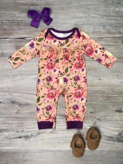 Sydney So Sweet Pretty Pink Posies Purple Floral Girls Baby Romper Baby Boutique