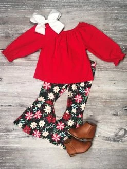 Sydney So Sweet 2 Piece Pants Outfits Pretty Poinsettia Red Bell Bottom Girls Christmas Outfit