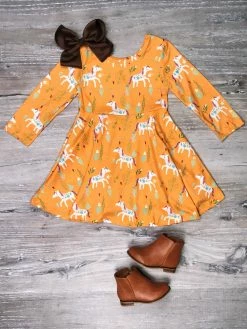 Sydney So Sweet Pretty Pony Floral Mustard Yellow Long Sleeve Girls Skater Dress