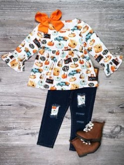 Sydney So Sweet Pumpkin Farm Market Bell Sleeve Girls Denim Jeans Outfit