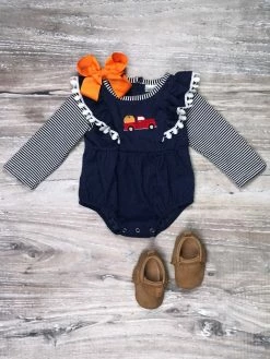 Sydney So Sweet Pumpkin Navy Corduroy Stripe Flare Girls Baby Romper