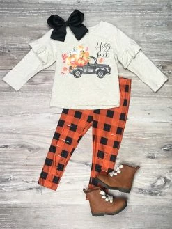 Sydney So Sweet 2 Piece Pants Outfits Pumpkin Truck Orange Plaid Distressed Patch Leggings Girls Outfit