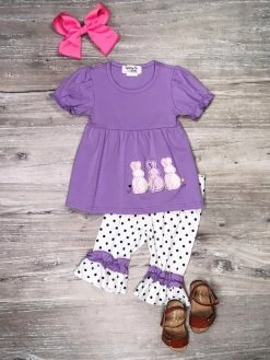 Sydney So Sweet Purple Polka Bunny Friends Ruffle Capri Girls Outfit Shorts & Capri Outfits