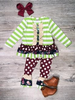 Sydney So Sweet Purple Polka Posies Green Stripe Lace Ruffle Girls Outfit 2 Piece Pants Outfits