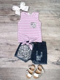 Sydney So Sweet Purple Stripe Silver Sequin Tie Knot Girls Denim Shorts Outfit