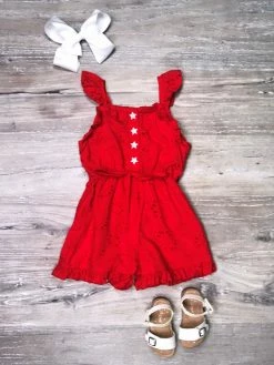 Sydney So Sweet Radiant Red Eyelet Lace Star Button Flutter Ruffle Girls 4th Of July Romper New Arrivals