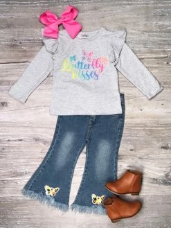 Sydney So Sweet Rainbow Butterfly Kisses Glitter Sequin Ruffle Flare Denim Girls Outfit