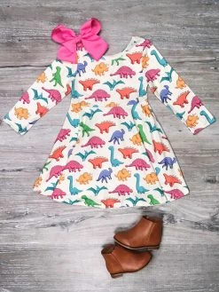 Sydney So Sweet Rainbow Land Before Time Dinosaur Long Sleeve Girls Skater Dress Dresses & Skirt Sets