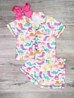 Sydney So Sweet Rainbow Roaring Dinosaurs Button Up Girls Pajamas Shorts & Capri Outfits