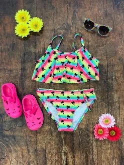 Sydney So Sweet Rainbow Palm Tree Girls Two Piece Flounce Bikini Swimsuit