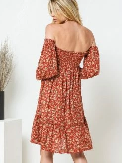 Sydney So Sweet Fall Burnt Orange Rayon Ditsy Smocked Front Off The Shoulder Women's Dress