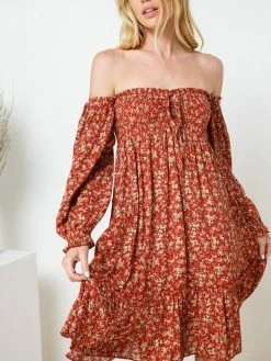 Sydney So Sweet Fall Burnt Orange Rayon Ditsy Smocked Front Off The Shoulder Women's Dress 6 Sydney So Sweet Fall Burnt Orange Rayon Ditsy Smocked Front Off The Shoulder Women's Dress