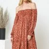 Sydney So Sweet Fall Burnt Orange Rayon Ditsy Smocked Front Off The Shoulder Women's Dress