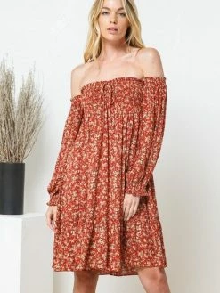 Sydney So Sweet Fall Burnt Orange Rayon Ditsy Smocked Front Off The Shoulder Women's Dress