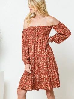 Sydney So Sweet Fall Burnt Orange Rayon Ditsy Smocked Front Off The Shoulder Women's Dress 7 Sydney So Sweet Fall Burnt Orange Rayon Ditsy Smocked Front Off The Shoulder Women's Dress