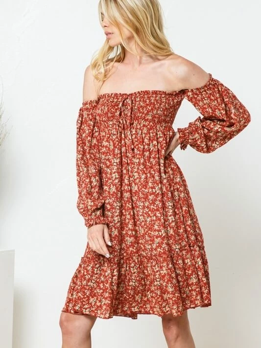 Sydney So Sweet Fall Burnt Orange Rayon Ditsy Smocked Front Off The Shoulder Women's Dress 4 Sydney So Sweet Fall Burnt Orange Rayon Ditsy Smocked Front Off The Shoulder Women's Dress