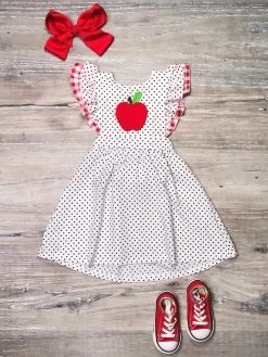 Sydney So Sweet New Arrivals Red Apple Polka Dot Gingham Flutter Sleeve Girls Dress
