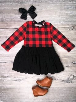 Sydney So Sweet Red Buffalo Plaid Black Swiss Dot Chiffon Girls Tutu Dress Dresses & Skirt Sets