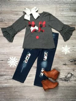 Sydney So Sweet Buffalo Plaid Reindeer & Friends Patch Girls Set Denim