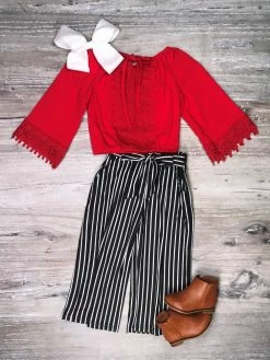 Sydney So Sweet Red Lace Black & White Stripe Wide Leg Girls Outfit 2 Piece Pants Outfits