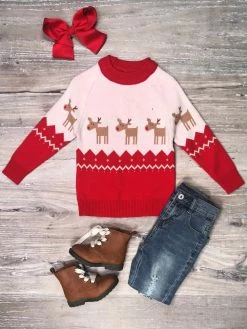 Sydney So Sweet Red Nosed Reindeer Cozy Red Girls Christmas Sweater T-Shirts & Tops