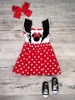 Sydney So Sweet Red Polka Dot Mouse Pom Ruffle Girls Dress
