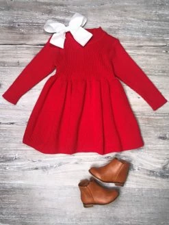 Sydney So Sweet Red Knit Girls Ribbed Knit Sweater Dress Dresses & Skirt Sets