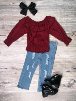 Sydney So Sweet Red Ruffle Distressed Denim Girls Outfit