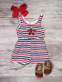Sydney So Sweet Red, White, & Blue Stripe Sequin Star Girls Patriotic Romper New Arrivals