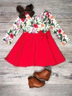Sydney So Sweet Red Winter Floral Long Sleeve Girls Skater Dress